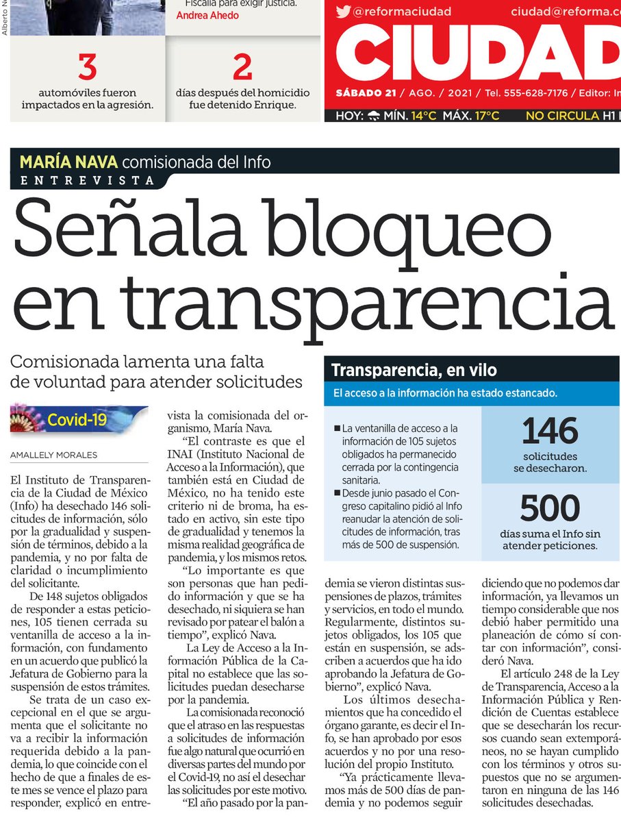 YaraAmallely's tweet photo. Hoy en Reforma Ciudad. 146 solicitudes ha desechado el #InfoDf que por la pandemia, un criterio que no ha tenido el #Inai que también está en #CDMX Aquí el detalle 👇🏾 #DerechoASaber #Transparencia #AccesoAlaInformación https://t.co/MaMpRjw80h