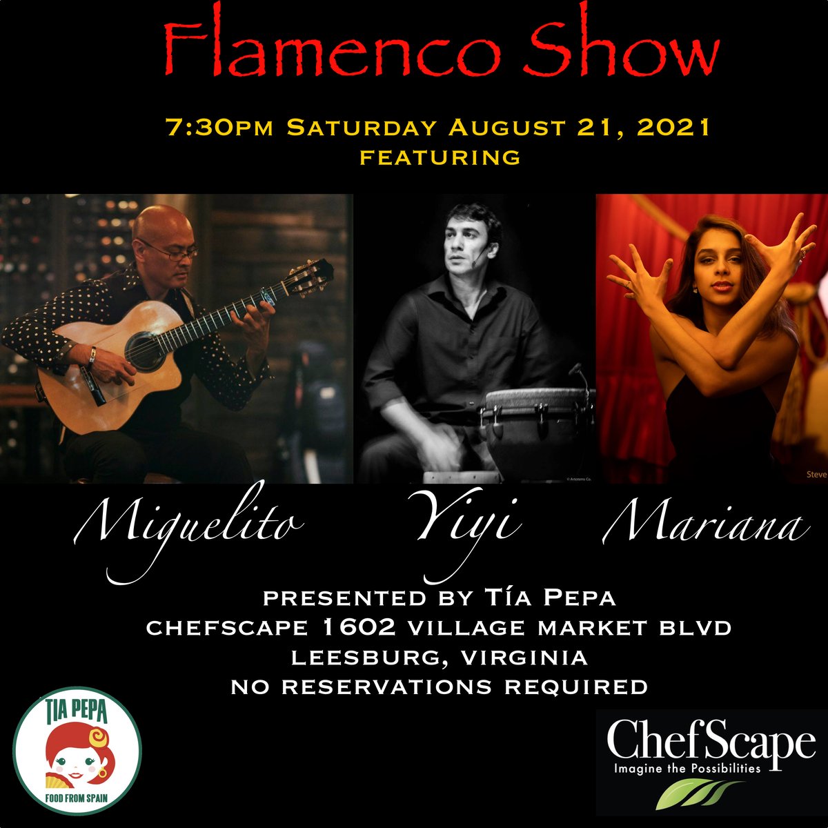 Live Flamenco Show 7:30pm-9:30pm TONIGHT Saturday August 21, 2021 <a href="/ChefScape/">ChefscapeKitchen</a> 1602 Village Market Blvd in #Leesburg #VA featuring singer Yiyi, dancer Mariana Gatto &amp; guitarist Miguelito. No reservations required; arrive early for best seats! facebook.com/events/2937668…