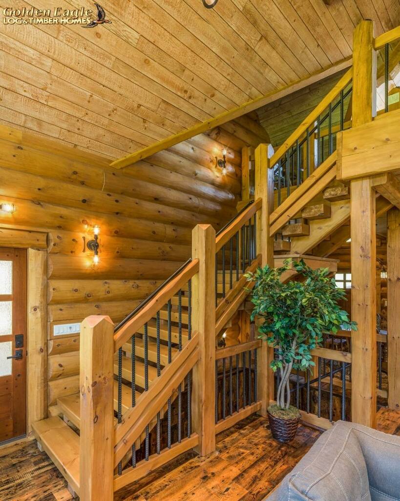 Where does this custom timber stairway lead to? A cozy loft of course! This  spot is perfect for a reading area, home office, or just a quiet retreat!  Trusses can be added, image size:819x1024