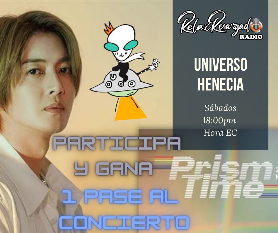 relaxrecargado's tweet photo. A pocos días del mega concierto #blueprismtime de @hyunjoong860606 #universohenecia te regala #unpase concursa en las dinámicas que se harán en los programas. Te esperamos desde las 18:00pm hora EC solo ingresa en https://t.co/vly5JHKB16 https://t.co/BSGbQ4gzhc