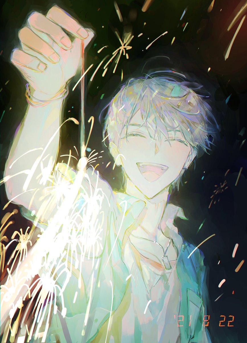 fireworks 1boy male focus closed eyes smile solo open mouth  illustration images