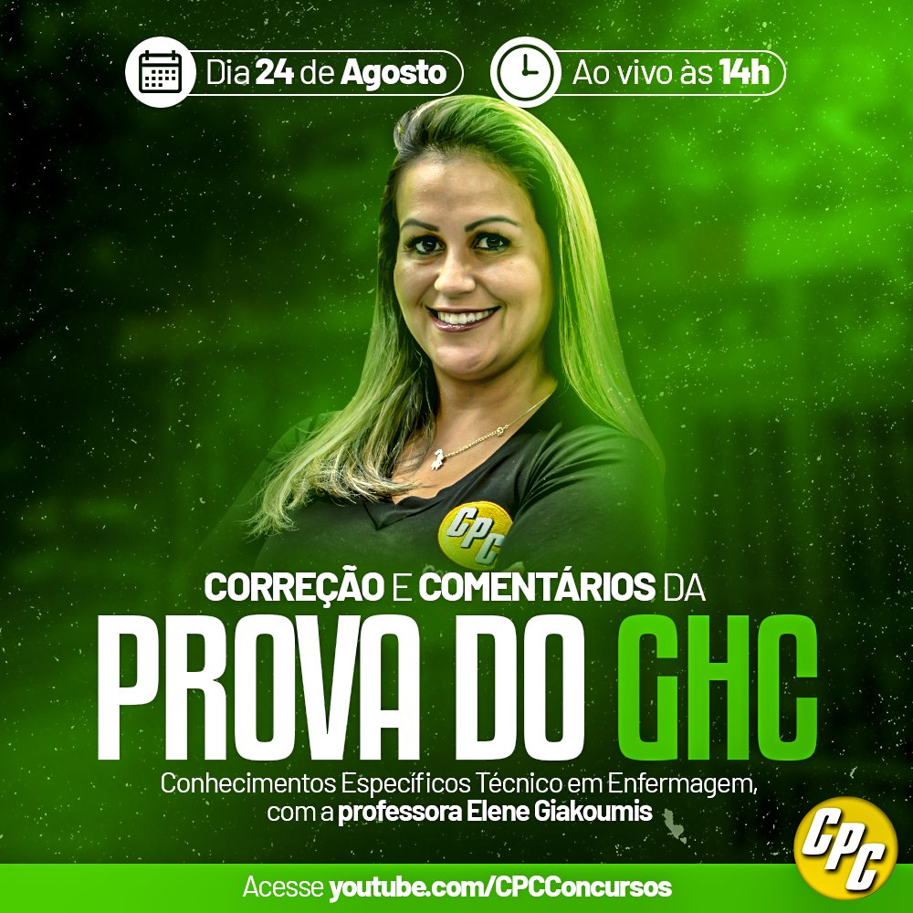 cpcrs's tweet photo. ⚠ Terça-feira, às 14h, teremos LIVE de Correção e comentários da Prova do GHC - Conhecimentos Específicos! Com a professora Elene Giakoumis. 

👉 Ative o sininho no nosso youtube para não perder! 
.
.
.
#cpc #cpcpreparaecuida #cpcconcursos #ghc #correçaoprovaghc https://t.co/cAlIzMLu7P