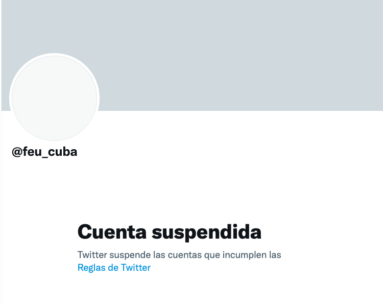 yoanisanchez's tweet photo. Se creen que en las redes pueden usar las mismas tácticas de "matonismo" que utilizan en el mundo real... pero -a veces- se llevan su merecido, como esta suspensión de la cuenta de la Federación Estudiantil Universitaria (polea de transmisión del poder a los estudiantes) #SOSCuba https://t.co/9cMqLYi5it