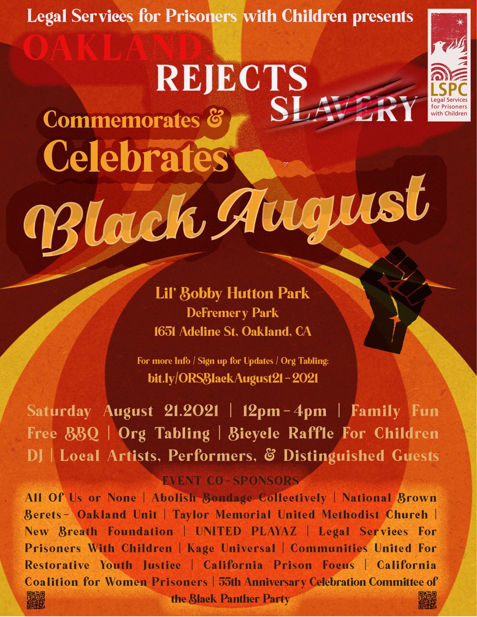 TODAY at NOON-4pm!
Join us, <a href="/AllofUsorNone/">All of Us or None</a>, <a href="/togetherABC/">Abolish Bondage Collectively (ABC)</a>, &amp; many others at Lil' Bobby Hutton Park in West Oakland to commemorate &amp; celebrate #BlackAugust with a free community bbq!

More info:
bit.ly/ORSBlackAugust…