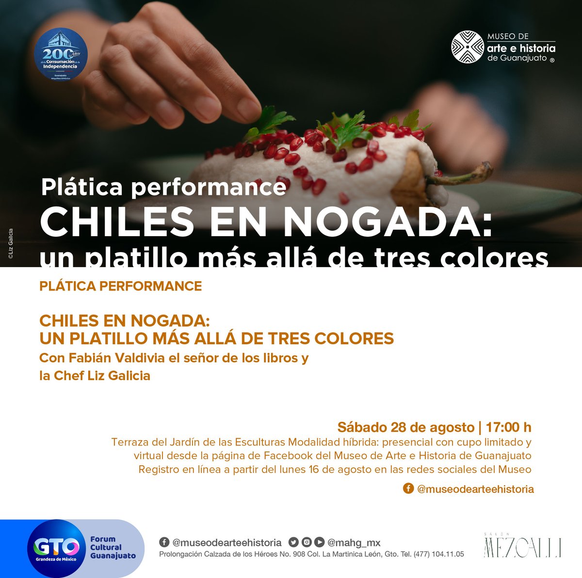 📢¡No te la pierdas! 
Plática performance con <a href="/darthfab/">Fabián Valdivia “el señor de los 📚📚📚”</a> y la chef <a href="/liz_galicia/">liz galicia</a>: Chiles en Nogada: Un platillo más allá de tres colores.

📅 28 Agosto
200 Años de la Consumación de la Independencia #AquíNacióMéxico

📲Registro: bit.ly/3CRCTiF