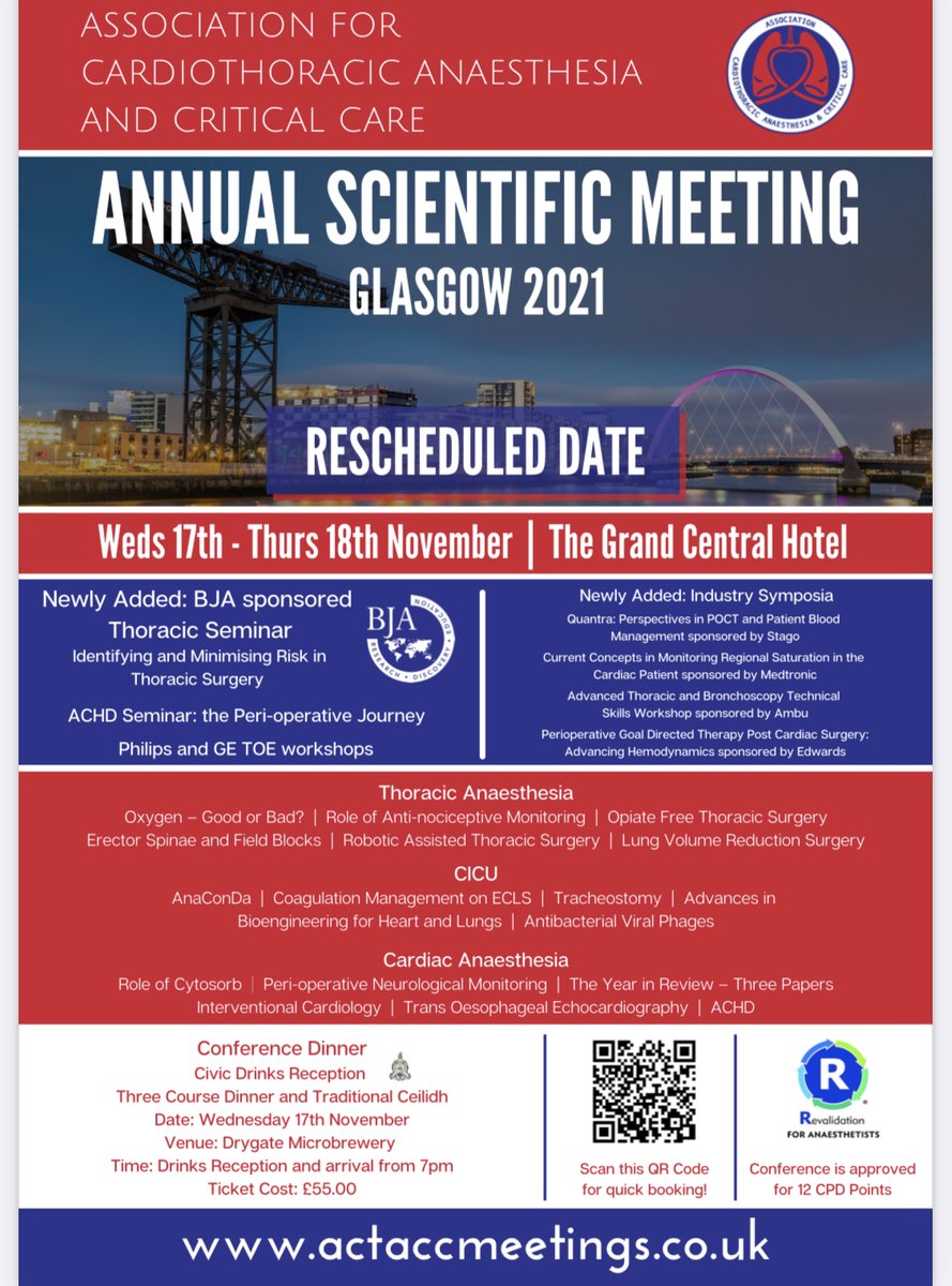 ACTACCMeetings's tweet photo. Join us for the #ACTACC 2021 ASM in Glasgow on 17th and 18th November! This fully physical meeting presents the latest developments in cardiothoracic anaesthesia and critical care.
Register: https://t.co/xeW2vY0qeZ
And don't miss out on our conference ceilidh! #ACTACCGlasgow https://t.co/m8hYBASx0I