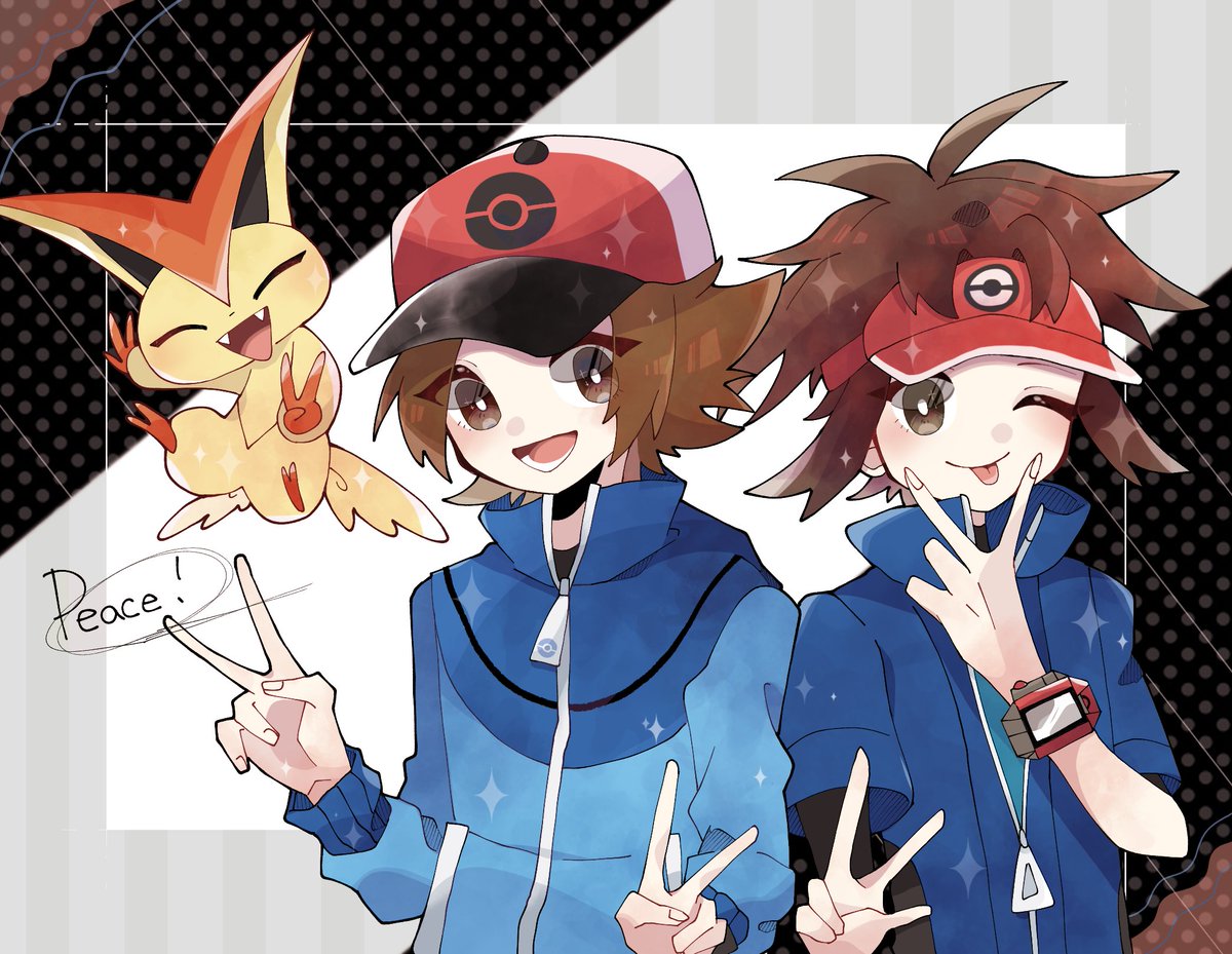 hilbert (pokemon) ,nate (pokemon) tongue brown hair 2boys blue jacket multiple boys v red headwear  illustration images