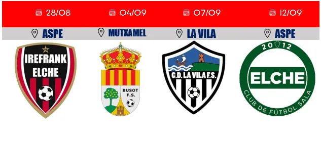 AspeFutbolSala's tweet photo. Ya tenemos la pretemporada en marcha.
Estos serán los 4 partidos preparatorios para nuestro primer equipo.
#VamosAspe https://t.co/88dmC2SfM8