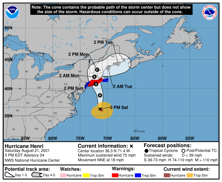 NWSEastern's tweet photo. 5 pm Sat..Hurricane Henri is 335 mi S of Montalk Point NY moving to the NNE at 18 mph. Henri is expected to slow down a little &amp; turn to the NNW on Sun. Max sustained winds are 75 mph &amp; Henri is forecast to still be a hurricane when it reaches the LI &amp; southern New England coasts https://t.co/W7a43R7gh1