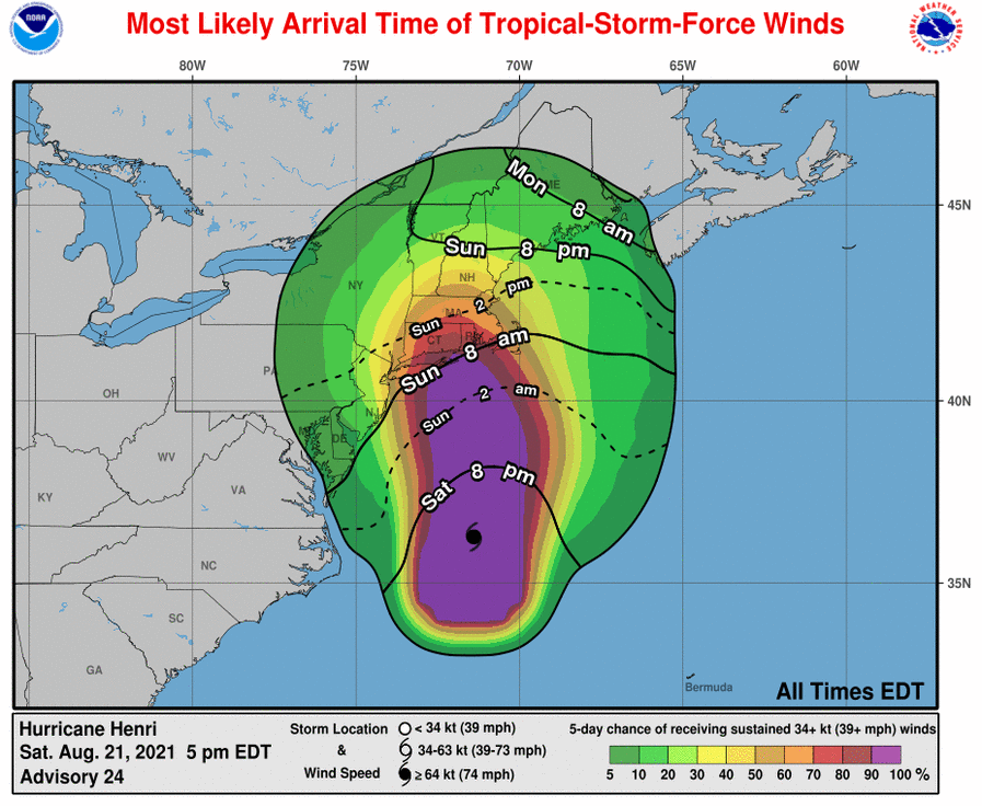 NWSEastern's tweet photo. 5 pm Sat..Hurricane Henri is 335 mi S of Montalk Point NY moving to the NNE at 18 mph. Henri is expected to slow down a little &amp; turn to the NNW on Sun. Max sustained winds are 75 mph &amp; Henri is forecast to still be a hurricane when it reaches the LI &amp; southern New England coasts https://t.co/W7a43R7gh1