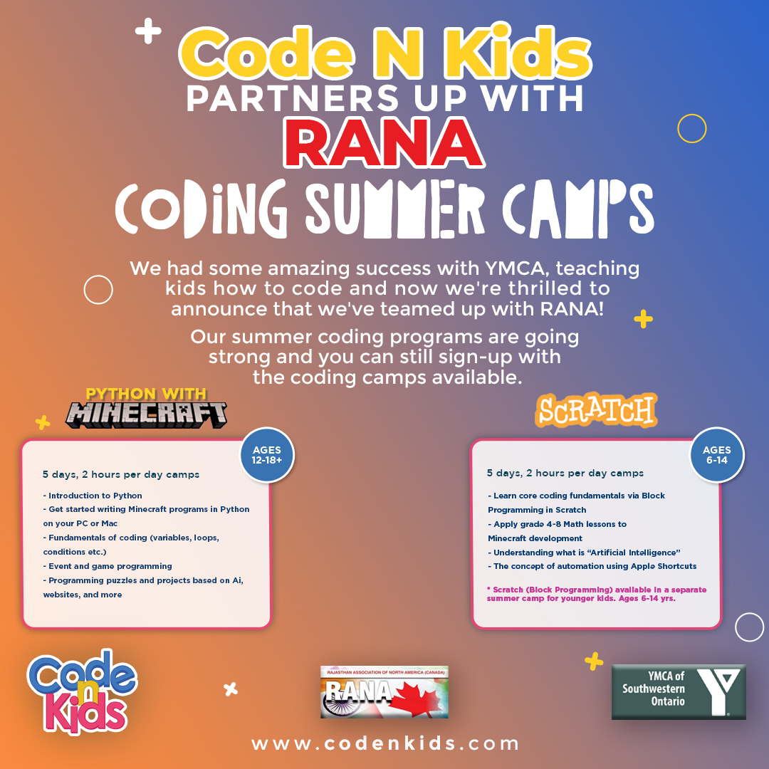 CodeNKids's tweet image. This summer our coding camps with YMCA Southwestern Ontario were a huge hit and now we&apos;ve also begun camps with Rajasthan Association of North America (Canada) to spread more coding fun! 

Sign up for the programs at: codenkids.com

#codingsummercamps #rana #ymcaswo