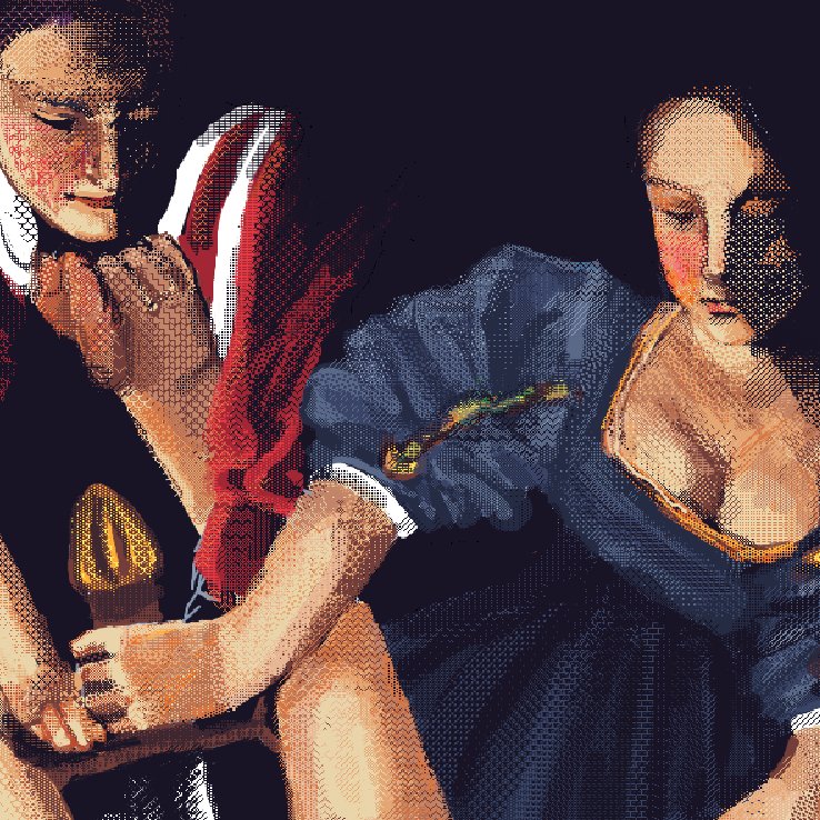 toasty_rolls's tweet photo. gentileschi's judith beheading holofernes recreated in kid pix for fun https://t.co/wMl3pTvKj3