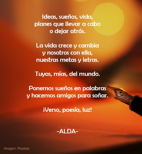 alda_pascuzzo's tweet photo. @marguita_41 Ideas, sueños, vida,
planes que llevar a cabo
o dejar atrás.
La vida crece y cambia
y nosotros con ella,
nuestras metas y letras.
Tuyas, mías, del mundo.
Ponemos sueños en palabras
y hacemos amigos para soñar.
¡Verso, poesía, luz!
ALDA
#Reto40
#40flores
#LaVidaEnVersos https://t.co/rDQCYHMNel