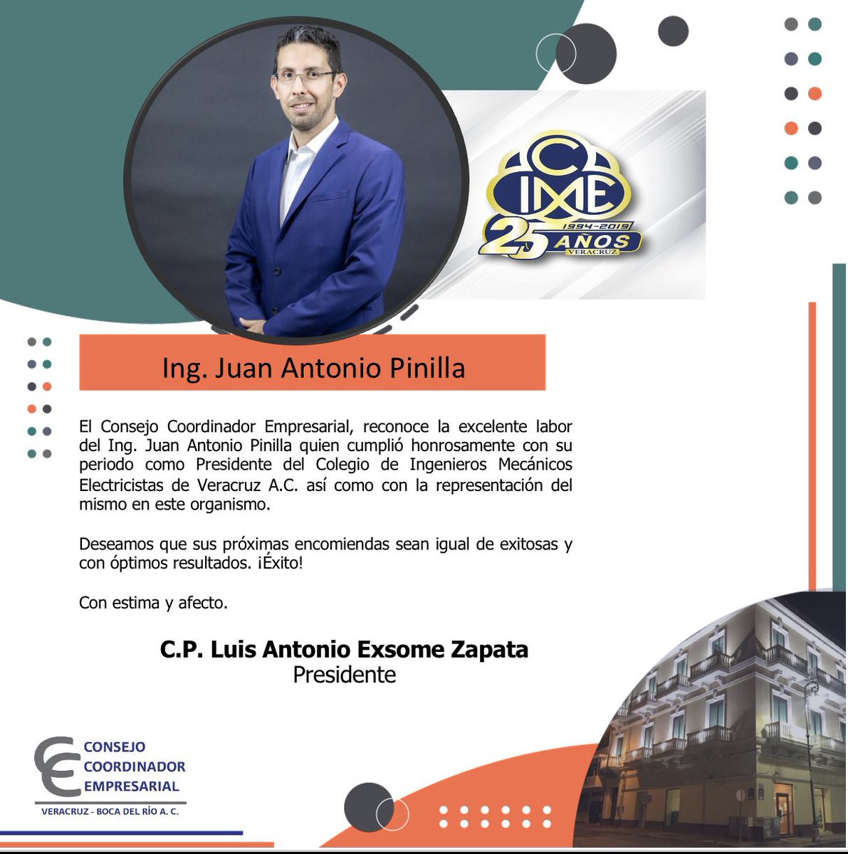 Deseamos a <a href="/Pinilla_ja/">Juan Antonio Pinilla</a> en lo venidero mucho éxito y por su loable colaboración durante este periodo en nuestro organismo con la honorable representación del <a href="/CimeVeracruz/">CIME VERACRUZ</a>, muy agradecidos. Con el afecto de siempre.