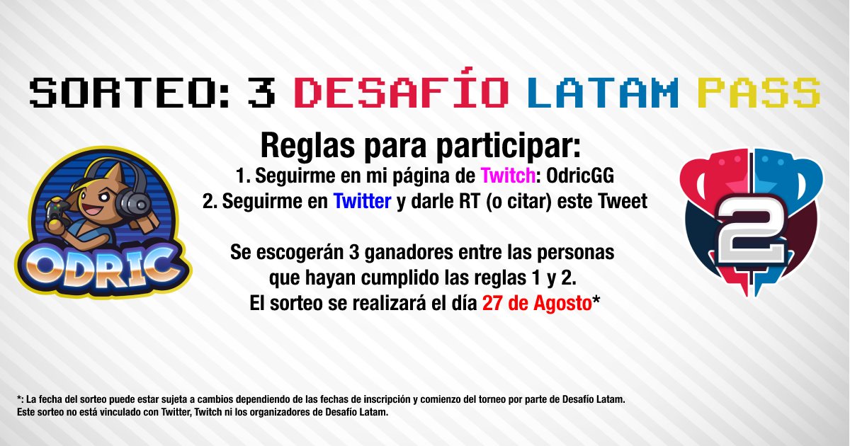¿Quieres ganarte un Desafío Latam Pass y ser parte de su 2da Edición? 
¡Odric te trae este #SORTEO para que puedas formar parte de este gran evento!
Solamente tienes que seguir los pasos en la imagen en este Tweet y automáticamente estás participando. ¡Mucha suerte! ✨💜