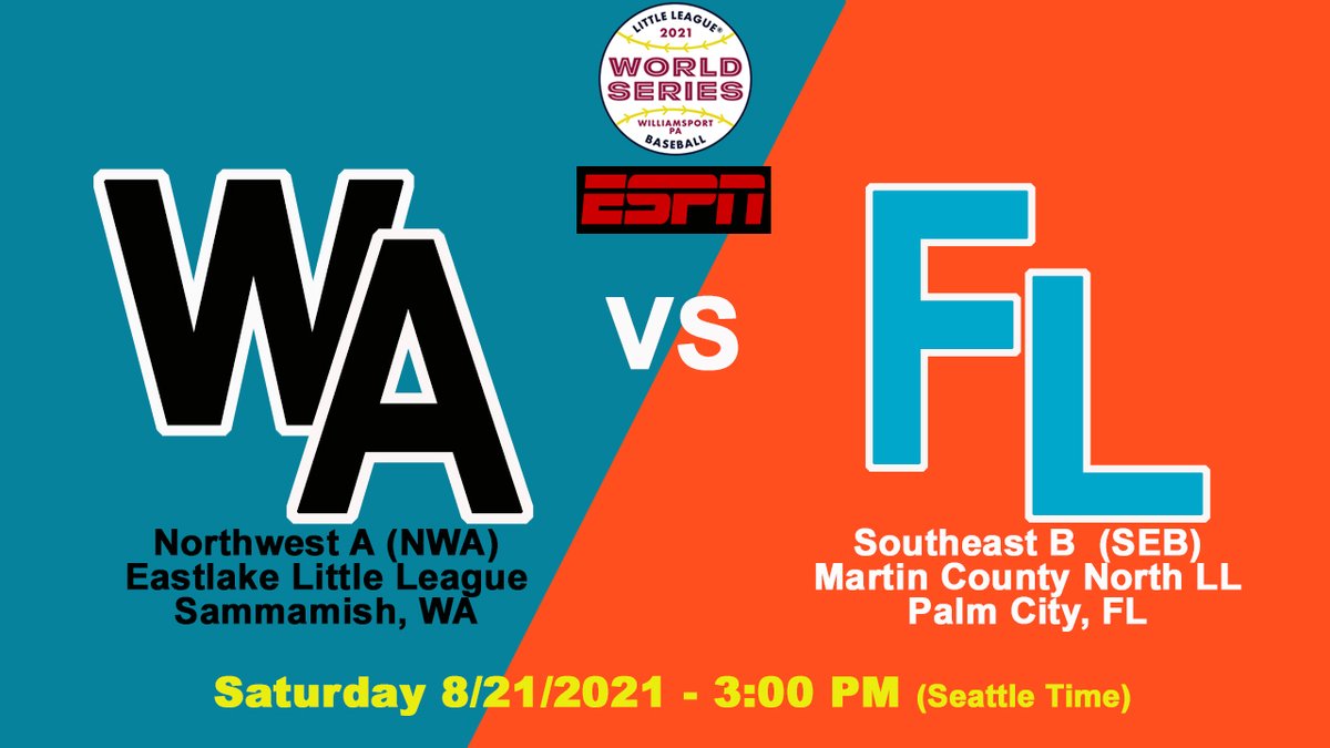 walittleleague's tweet photo. @Eastlakell (Washington State Champions) players &amp; coaches are doing what anyone who ever played the game dreams of... Playing in the Little League World Series!

Tune in today &amp; help cheer them to their 1st victory... ESPN 3:00 pm VS #MartinCountyNorth Little League https://t.co/srbVbeC6zR