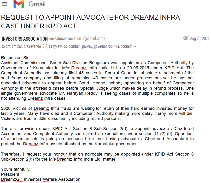 DreamzgkA's tweet photo. @BSBommai @CMofKarnataka Kindly refer our representation sent through e-mail dtd 20 &amp; 21 August 2021 and direct the Secretary (Revenue) &amp; AC South to appoint Advocate for Dreamz Infra matter under KPID Act Sec. 6(2)(d) because nobody appearing in Spl Court in the said matter. https://t.co/grHWwW5l9a