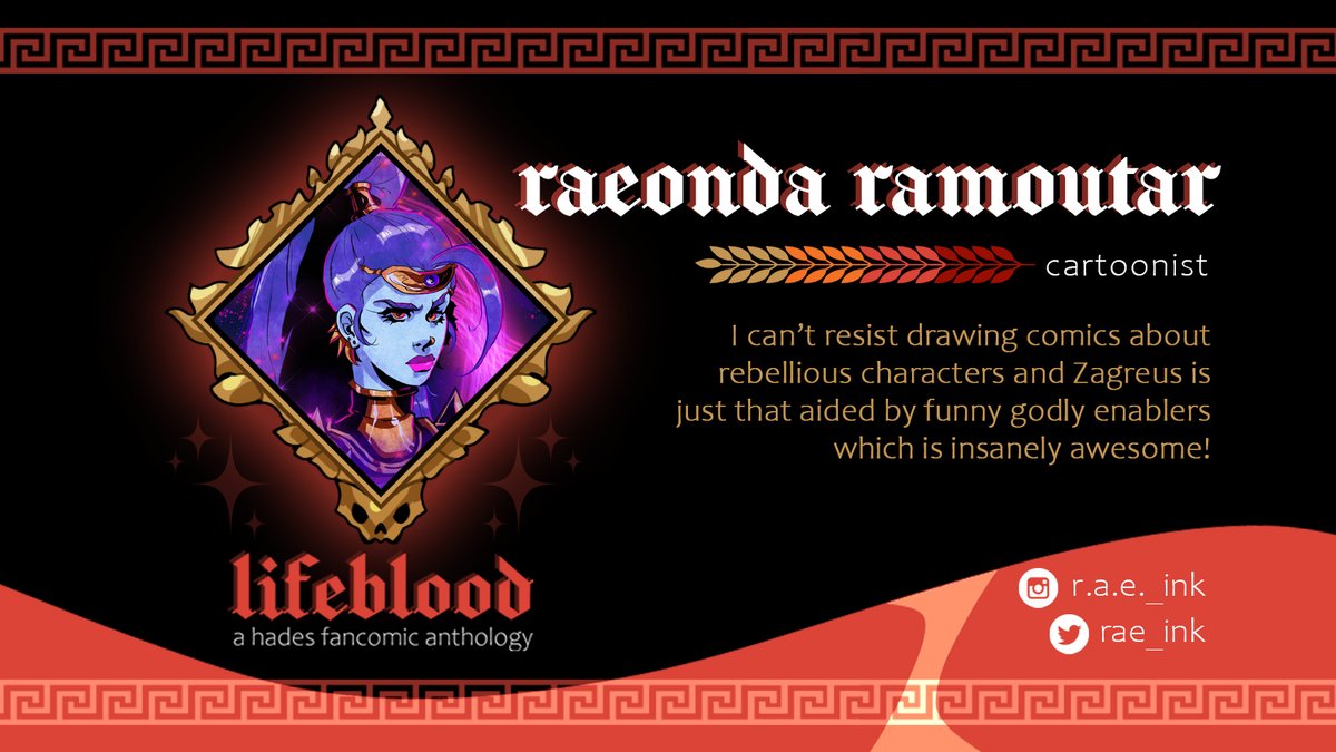 LifebloodHades's tweet photo. 🩸Contributor Announcement!🩸

Introducing: Raeonda Ramoutar!
"I can’t resist drawing comics about rebellious characters and Zagreus is just that aided by funny godly enablers which is insanely awesome!"

Find Raeonda Ramoutar online @rae_ink + links below!

#HadesGame https://t.co/od49cdrxlL