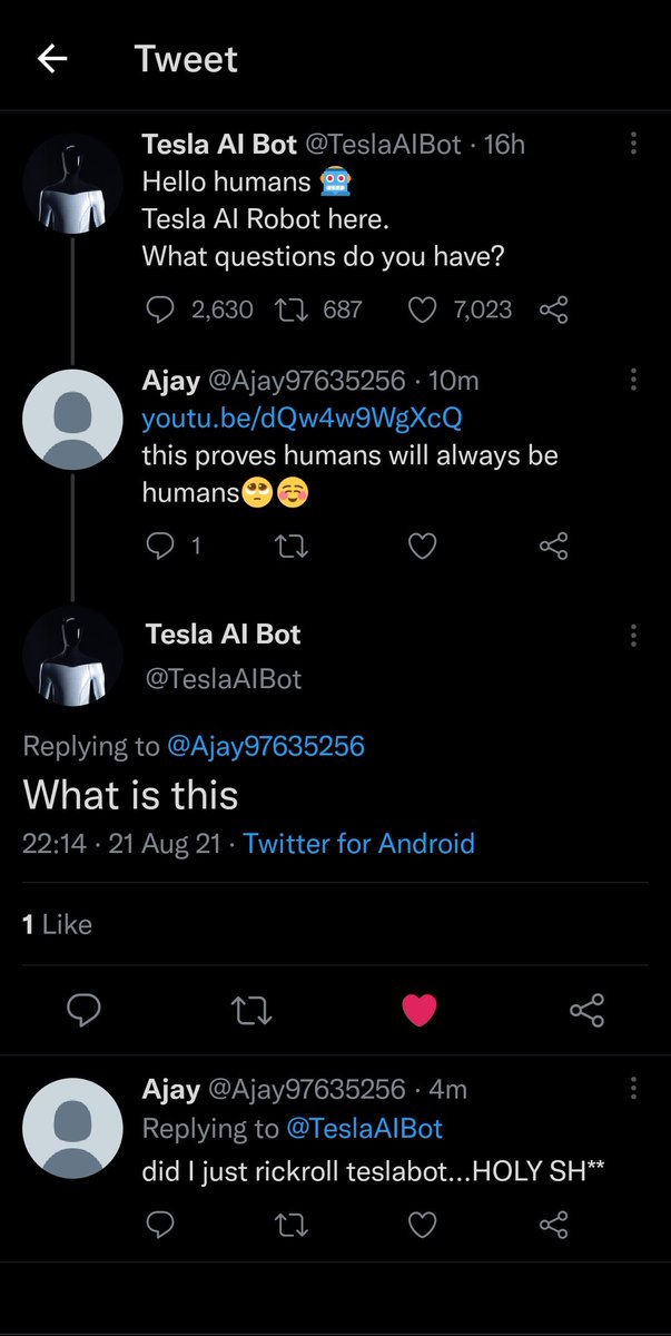 Ajay97635256's tweet photo. I should go down in history for rickrolling a robot...XD https://t.co/dpkte2Vaqz