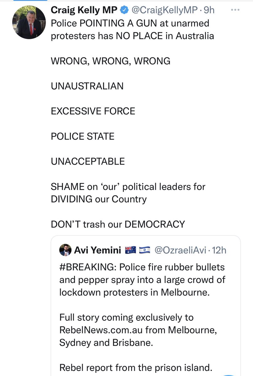 mel_wright123's tweet image. Craig Kelly is to democracy like Avi Yemeni is to journalism. 

When will the government eject this rogue? It’s hypocrisy for Morrison to condemn ordinary people’s behaviour but turn a blind eye to political ringleaders like Kelly. 
#lockdownprotest