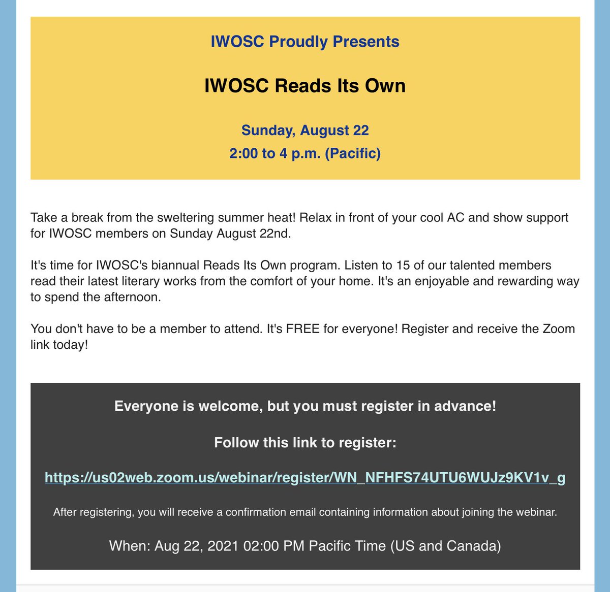 chswriter's tweet photo. I look forward to reading tomorrow at IWOSC Reads Its Own. To register as an audience member follow this link: https://t.co/iT8DYFBI7Y @IWOSCwriter #PoetryCommunity https://t.co/D9H3Nq7FZI