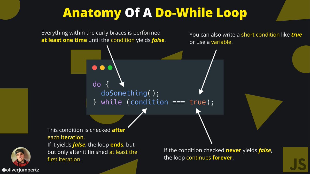 oliverjumpertz's tweet image. 💛 JavaScript explanation 💛

This is the anatomy of a do-while loop. ↓