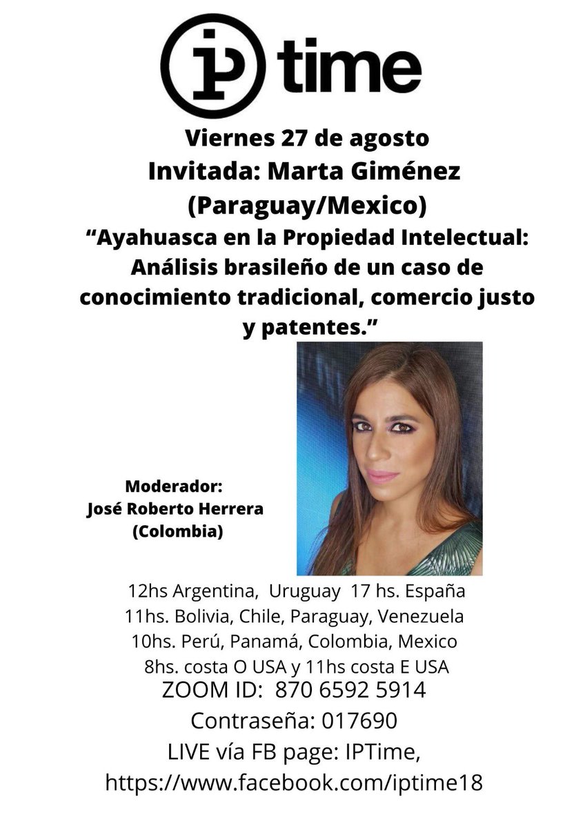 IPTime18's tweet photo. Invitados a retomar nuestro próximo #IPTime con la experta Marta Giménez hablándonos del interesantísimo caso de la Ayahuasca y la Propiedad Intelectual.

https://t.co/JzX3nLEo2g https://t.co/FcaLj3JipA