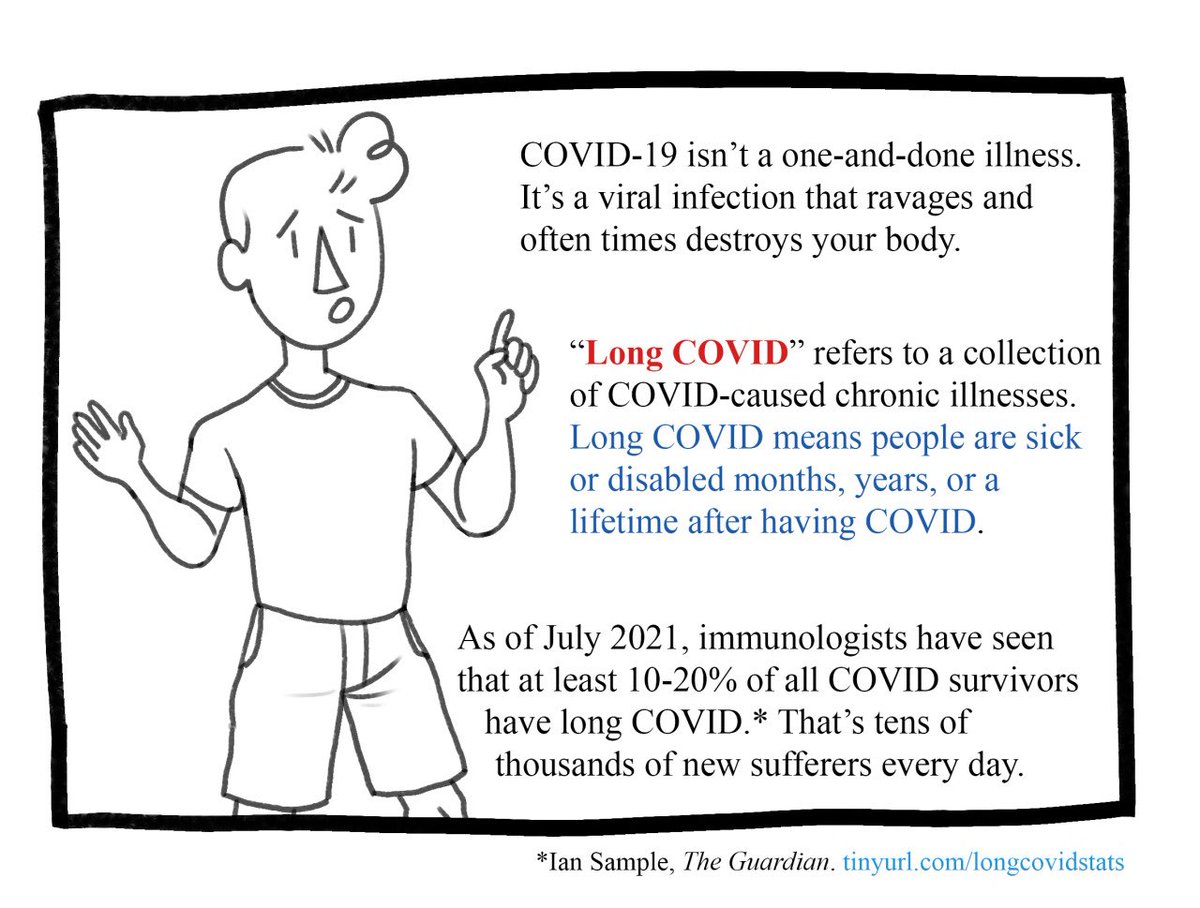 Drawing of Joey gesticulating and talking. Text reads: “COVID-19 isn’t a one-and-done illness. It’s a viral infection that ravages and often times destroys your body. ‘Long COVID’ refers to a collection of COVID-caused chronic illnesses. Long COVID means people are sick or disabled months, years, or a lifetime after having COVID. As of July 2021, immunologists have seen that at least 10-20% of all COVID survivors have long COVID.* That’s tens of thousands of new sufferers every day.” There is a citation under the panel frame that reads: “Ian Sample, ‘The Guardian’. tinyurl.com/longcovidstats”.