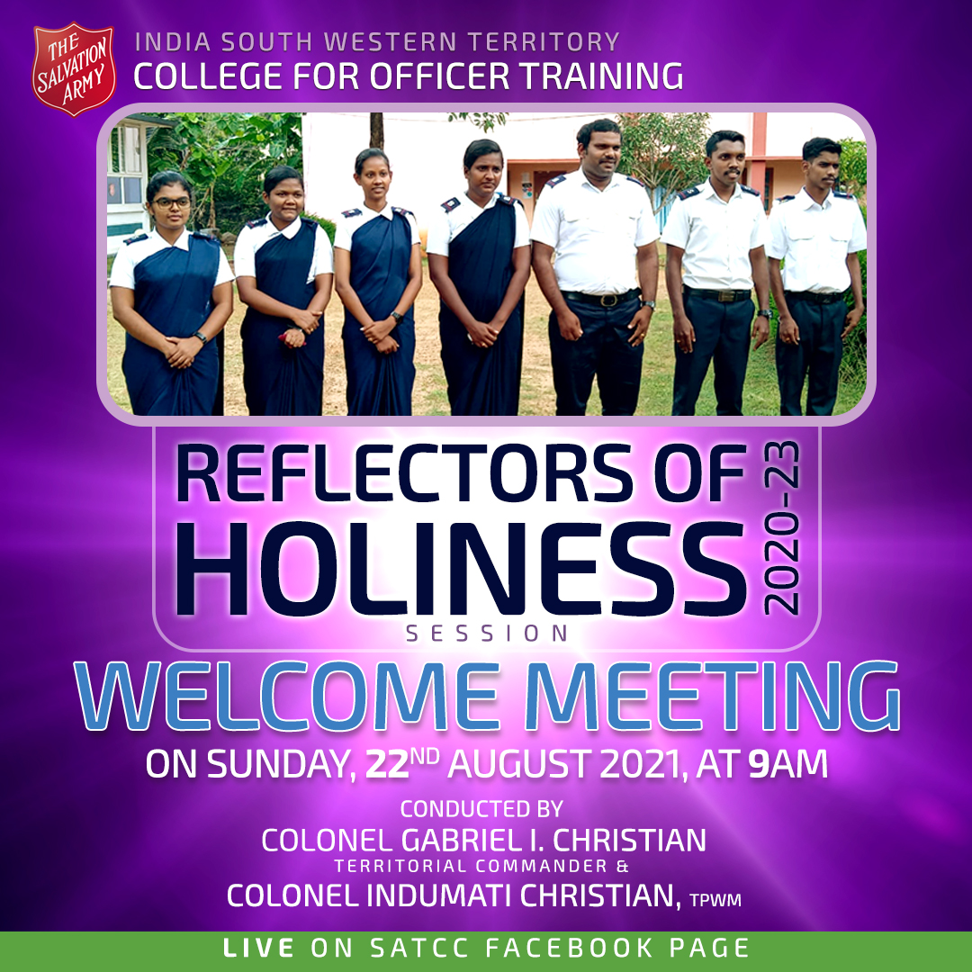 SAMNISWT's tweet photo. The Salvation Army-ISWT
College of Officer Training
Reflectors of Holiness 2020-2023 Session

WELCOME MEETING
on Sunday, 22nd August 2021, 9AM
Conducted by Colonels Gabriel I. Christian, TC &amp; Indumati Christian, TPWM

LIVE ON SATCC FACEBOOK PAGE
https://t.co/UOA9MZbDub https://t.co/rATxGEzowe