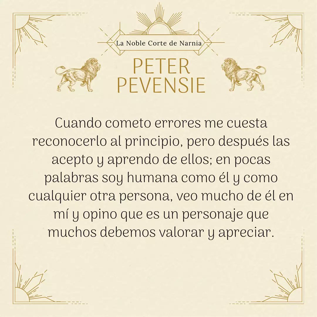 ✨ TODOS TENEMOS UN NARNIANO INTERIOR ✨
Hoy Diana nos comparte un poco acerca de ella y del cómo se siente identificada con el personaje de Peter Pevensie ❤️ ambos con virtudes y defectos pero buscando siempre aprender con cada tropiezo✨ ¡Gracias por enviarnos tu texto, Diana!