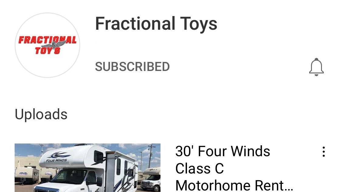 Did you know Fractional Toys has a <a href="/YouTube/">YouTube</a> channel? Search for "Fractional Toys" in the search bar to watch video tours of our fleet along with helpful RV tips &amp; tricks. Be sure to smash that subscribe button! #rvrentals #FractionalToys #YouTube