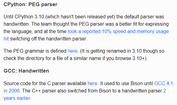 CPython uses a parser generator, GCC switched to using handwritten parsers a long time ago
