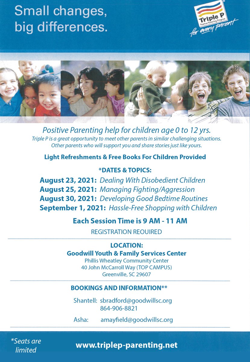 GoodwillSC's tweet image. The Positive Parenting Program (Triple P) has new dates for August (and Sept. 1).  This program is a great opportunity to meet other parents who will support you &amp;amp; share stories like yours.  Seats are limited and refreshments are provided.  #TripleP #GoodwillSC
