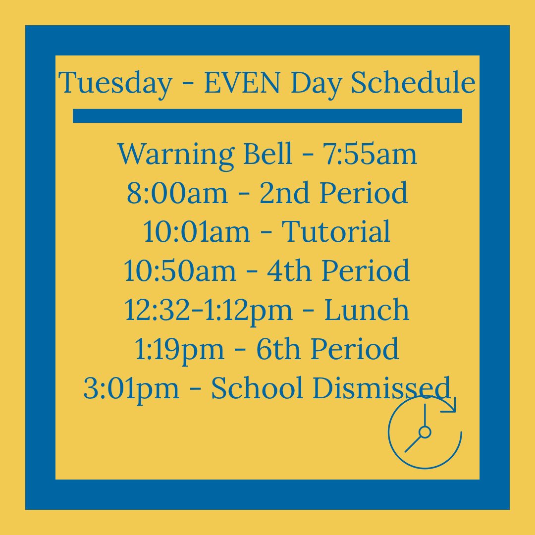 Here are your bell schedules for Monday (ODD) and Tuesday (EVEN). Tip - Save this image to your phone so you can see the Bell Schedule! 💙💛 @BrawleyUHSD