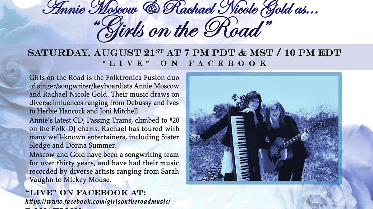 MomHen's tweet photo. TONIGHT! SAT, August 21st at 7 PM PDT/MST
#TwoBlueRoses Presents #GirlsontheRoad
Live Online at https://t.co/S2DlbcClbT
What do you get when you take the sweet, poignant essence of folk music & put it in the hands of 2 keyboardist/arrangers w/jazz, classical & R&B influences? https://t.co/YfIk11lhLf