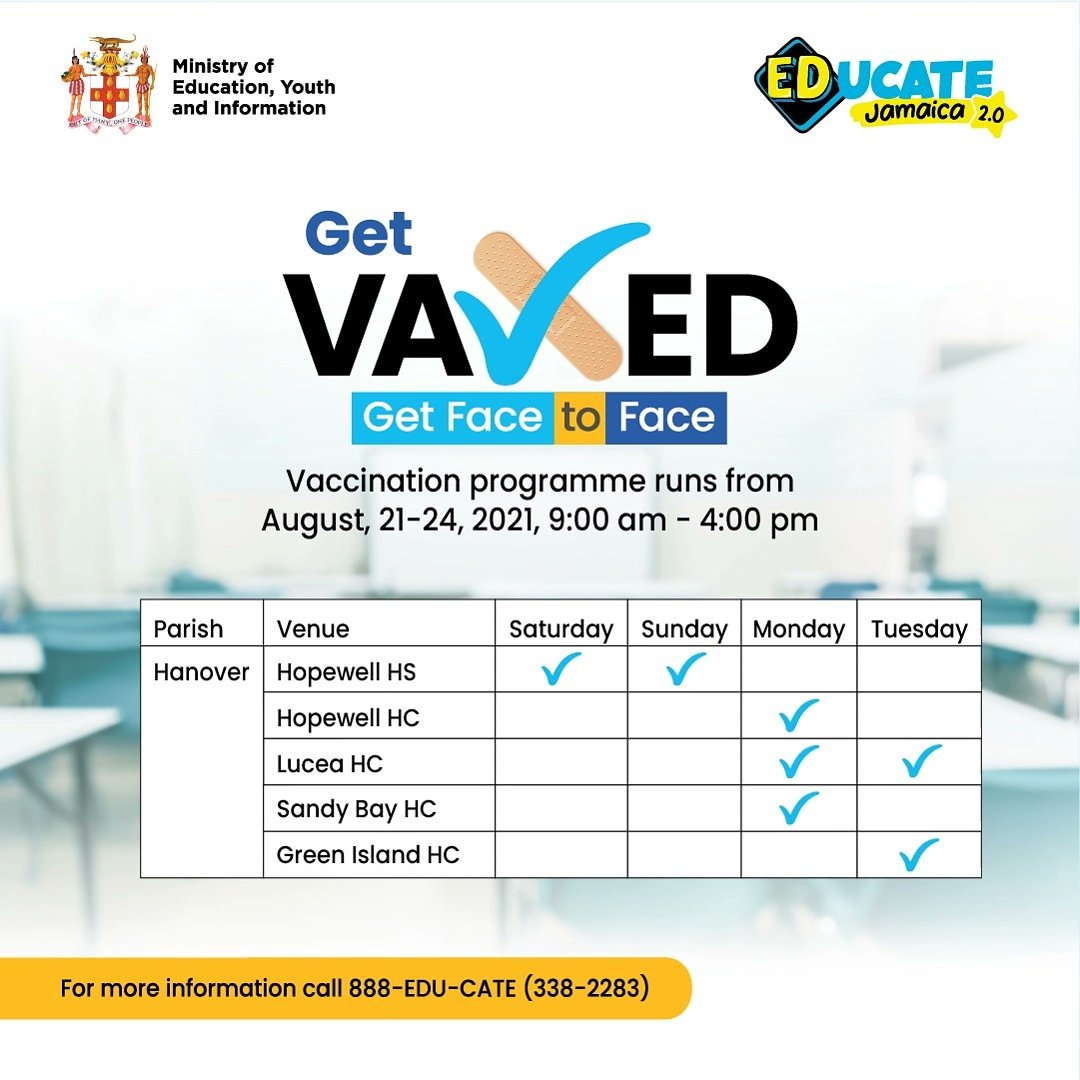 TamikaDavis_JLP's tweet photo. Here is  important information about vaccination sites for children ages 12 -18 in the parish of Hanover.

I have been fully vaccinated and urge everyone to do the same to help protect your family. https://t.co/aH0rxpEgnY
