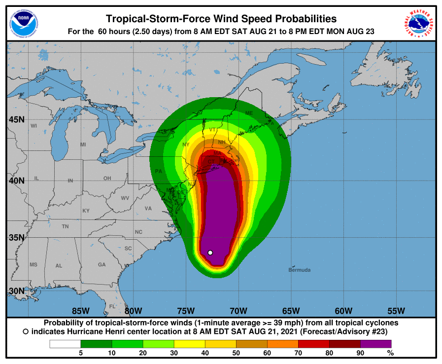 NWSBoston's tweet photo. 2 PM Update on Hurricane Henri. Tropical Storm force winds should reach the south coast around lunchtime on Sunday. Here is the probability of TS force winds through 8 PM on Monday. https://t.co/iX0JV7bN4M