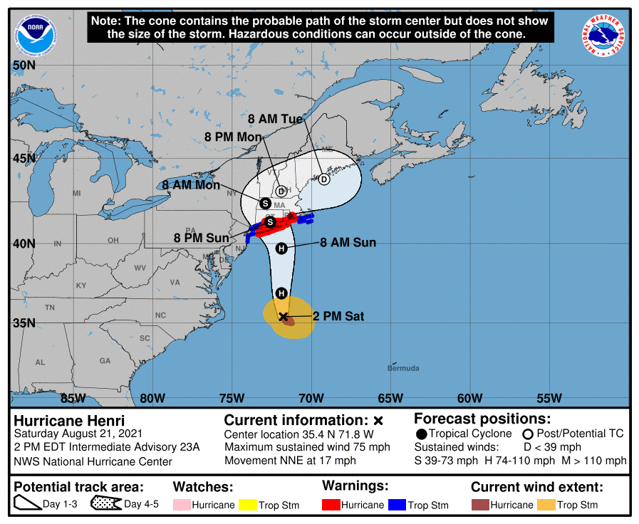 NWSBoston's tweet photo. 2 PM Update on Hurricane Henri. Tropical Storm force winds should reach the south coast around lunchtime on Sunday. Here is the probability of TS force winds through 8 PM on Monday. https://t.co/iX0JV7bN4M