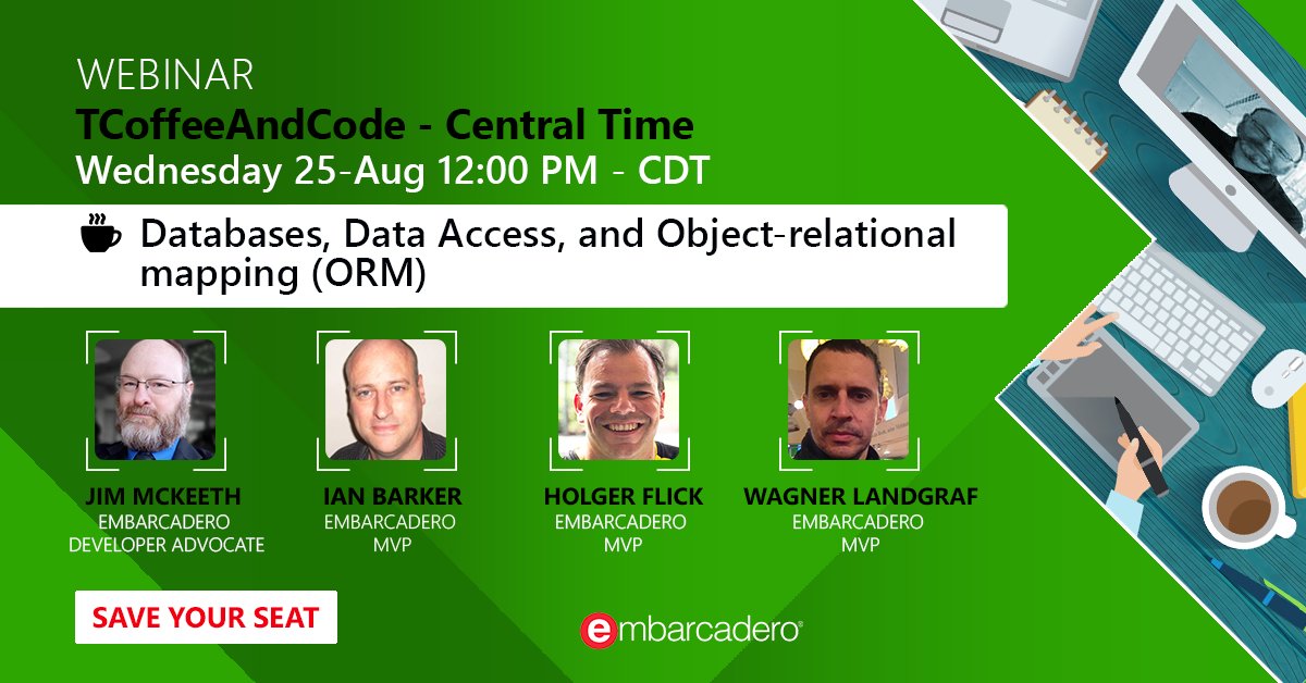 EmbarcaderoTech's tweet photo. Don't miss out on next week's #TCoffeeAndCode session on Databases, Data Access, and ORM. Join Jim together with the Embarcadero MVPS Ian, Holger, and Wagner on August 25th at Noon CDT. Register now: https://t.co/J02MyLHucF #programming #software #developers https://t.co/MkSpqUCNub