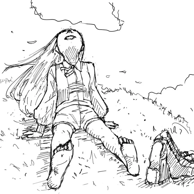 「草に直で座る少女」 