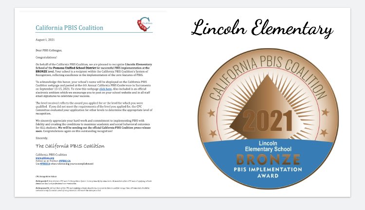 2KatShoPUSD's tweet image. Congratulations @PomonaUnified @LincolnPUSD for your @PBIS_CA BRONZE state-level achievement!Thank you staff,PBIS CoachesLeslie Braff&amp;amp; @mrs_alcantara11 &amp;amp;Team&amp;amp;Principal @ProfeMsVgodinez for your commitment to sustaining a caring&amp;amp; #equitable school through #PBIS! #culture #climate