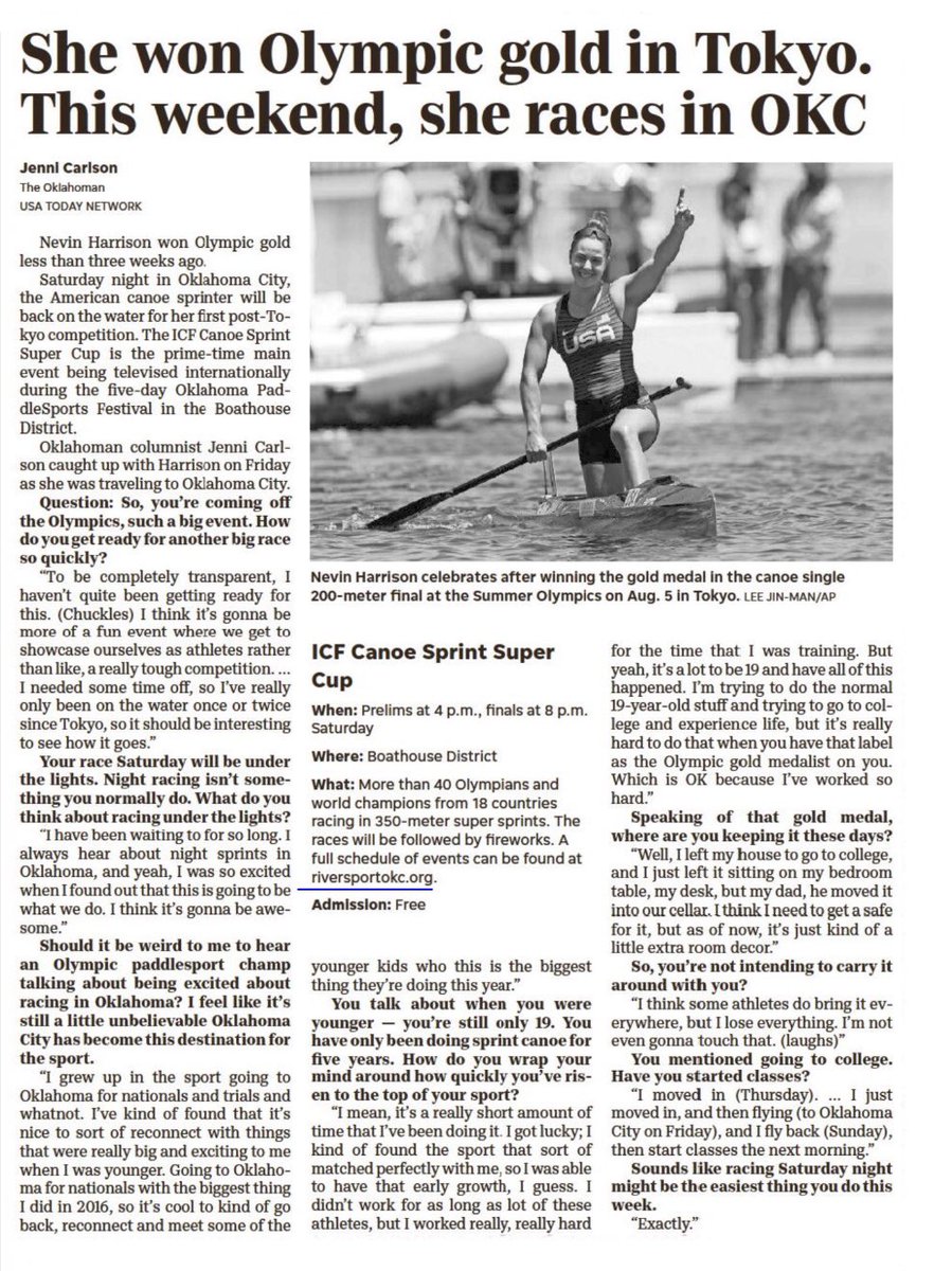 davidfholt's tweet photo. Great interview with Olympic Gold medalist @nevin_harrison by @JenniCarlson_OK in today’s @TheOklahoman_.  
See you tonight at 8 p.m. on the Oklahoma River for Super Cup! https://t.co/vjGXhY1jCC