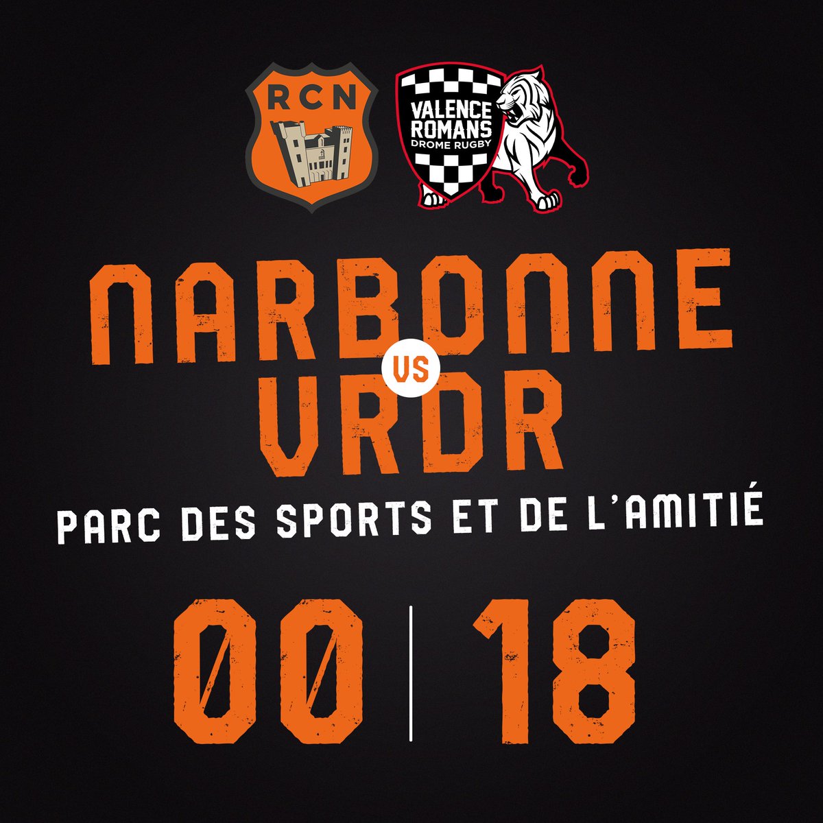 RCNarbonnais's tweet photo. 40โ | #RCNVRDR
A la mi-temps, nos joueurs sont menรฉs sur le score de 18 ร 00 contre le @Valence Romans Drรดme Rugby ! https://t.co/YSsyXEbUdR