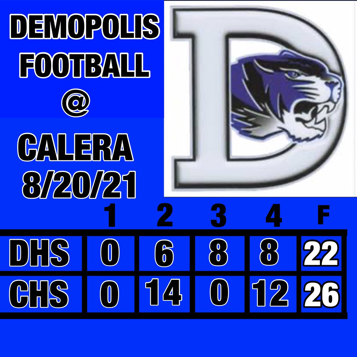 demopstats's tweet photo. Demopolis Football falls to Calera in the season opener. The Tigers kept things close throughout the game, but could not overcome the Calera offense. Demopolis will play McAdory next week in the first home game of the year. https://t.co/enN7Xfdui5