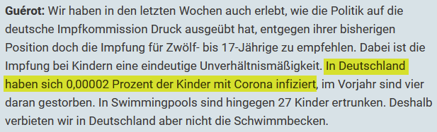 <a href="/ulrikeguerot/">Ulrike Guérot</a> in Höchstform:
In Deutschland haben sich in den AG 0-14 rund 380k infiziert, von etwa 10,5 Mio. Das sind 3,6%. 
Sie liegt also um einen Faktor 180000 (Einhundertachtzigtausend) daneben.
<a href="/derStandardat/">DER STANDARD</a> Ganz ehrlich, wieso druckt ihr so etwas Schwachsinniges?