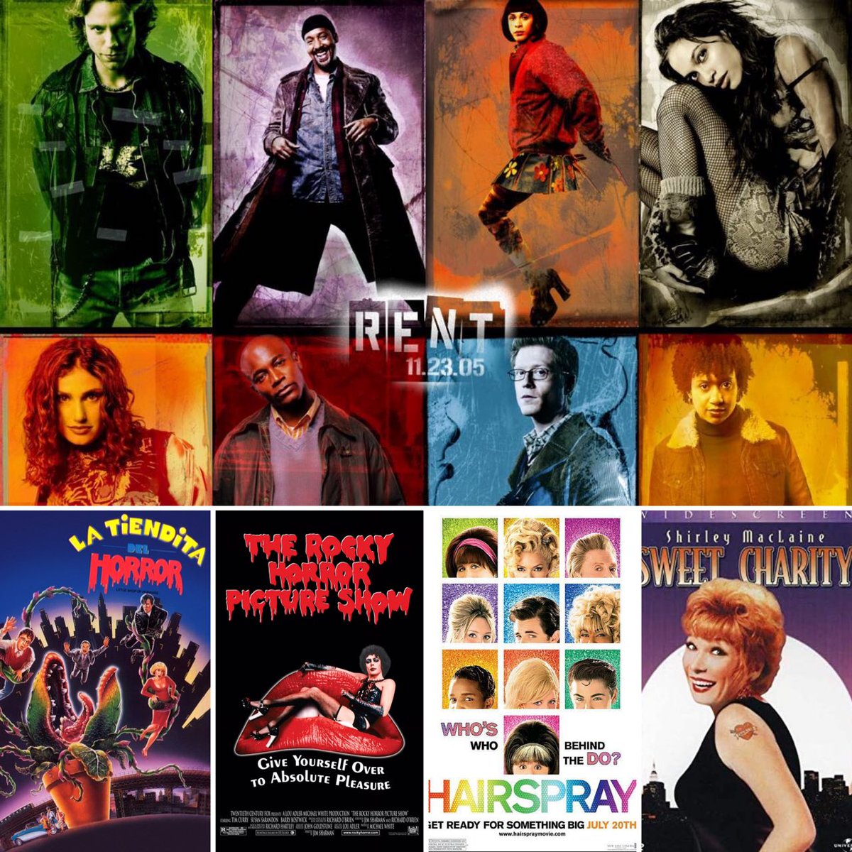TOP 5 MUSICALES LLEVADOS AL CINE

5. SWEET CHARITY
4. HAIRSPRAY
3. THE ROCKY HORROR PICTURE SHOW
2. LA TIENDITA DEL HORROR
1. RENT

#ShirleyMaclaine #BobFosse #JohnTravolta #NikkiBlonsky #ZacEfron #TimCurry #SusanSarandon #EllenGreene #RickMoranis #IdinaMenzel #RosarioDawson
