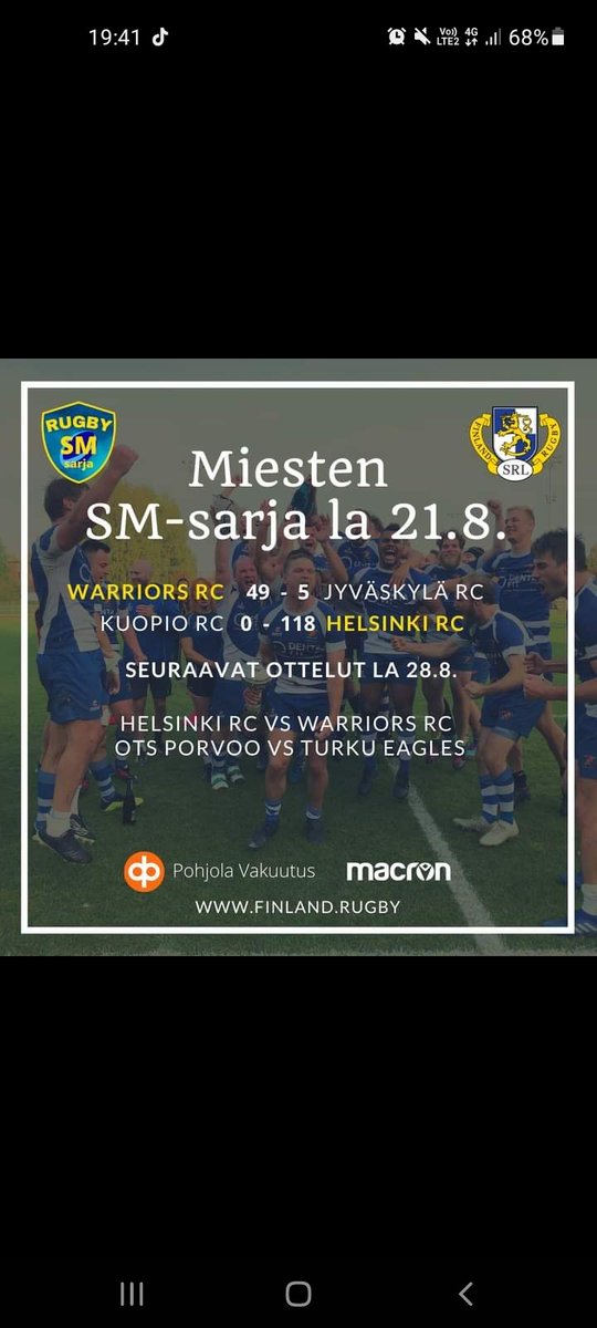 Warriors (my team) and helsinki meet next week in the helsinki derby! And both put big scores up on opponents. I fucking love rugby https://t.co/2qH1HbSuaG