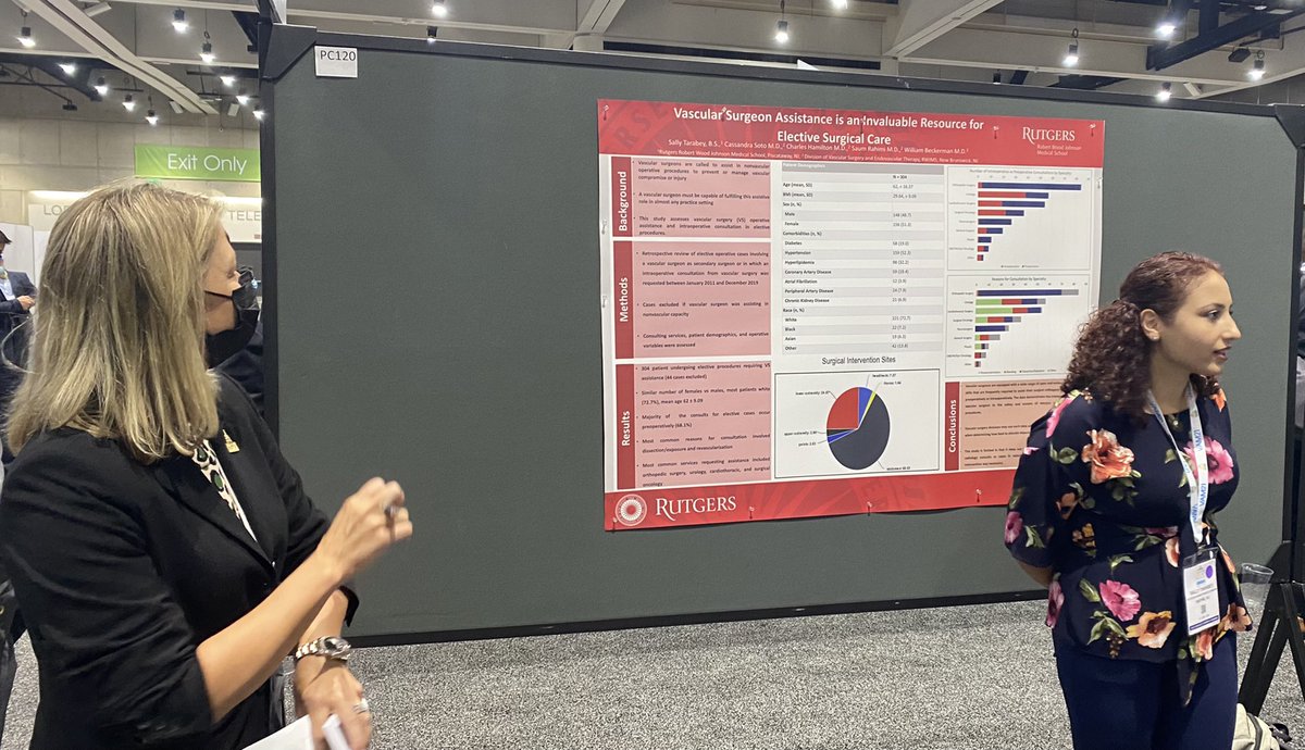 BillBeckerman's tweet photo. Fourth year @RWJMS med stud @SallyTarabey presents more evidence for the value of #vascsurg to the hospital system with her review of operative vascular assistance in non-vasc procedures at yesterday’s Poster Competition. #RutgersStrong at #VAM21! https://t.co/0cKcuIfVyz