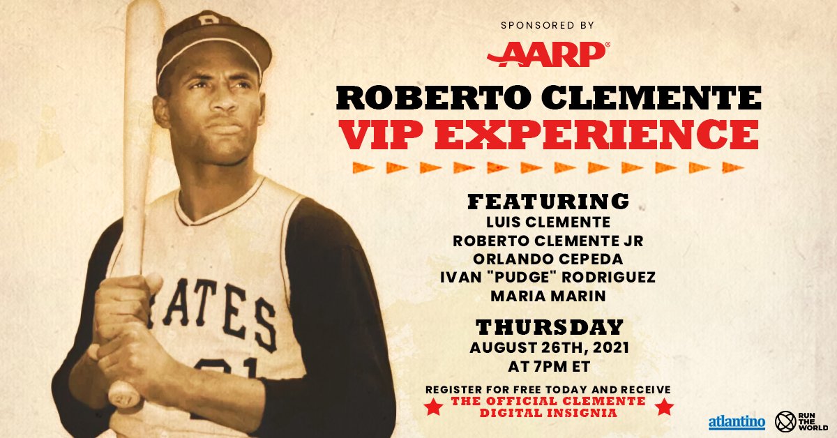 HeatherLopezCEO's tweet photo. (Client) Join me for the Roberto Clemente VIP Experience this Thursday, August 26th from 7p-8p ET. Produced by #AtlantinoLLC and sponsored by @AARP, this event will give an inside look at the man behind the game. Register for free here: https://t.co/eLYit7kLqo #ClementeVIP https://t.co/00ZMO78WWy