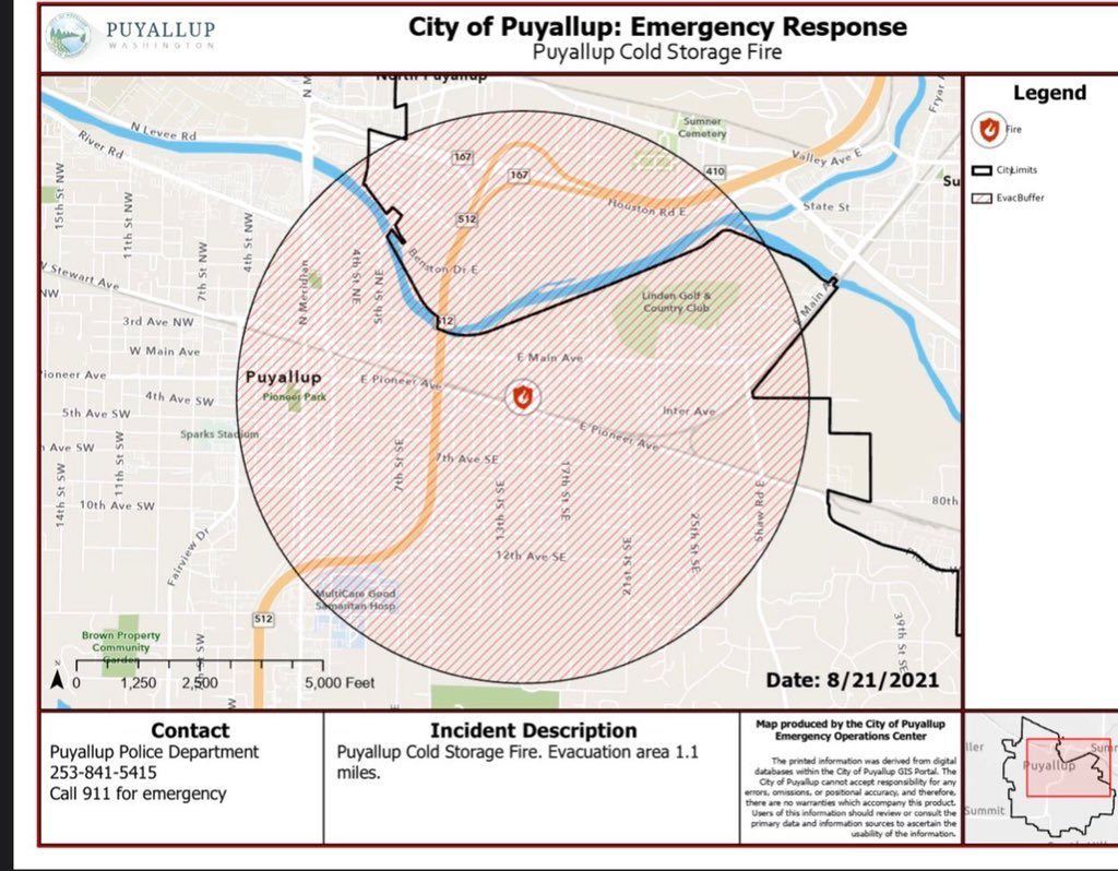PuyallupPD's tweet photo. We are experiencing intensified fire activity at the scene. It is very important to stay out of the evacuation area. GO NOW evacuation is still in place for a 1.1 mile radius from the scene. @CentralPierce https://t.co/HIDvB9A0SY